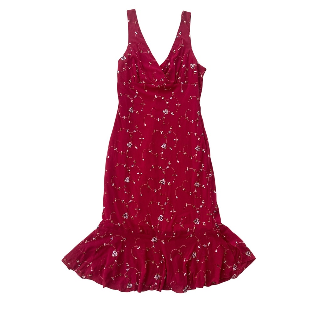 B. Darlin Floral Embroidered Stretch Mesh Mermaid Maxi Dress 13/14 Red Vintage